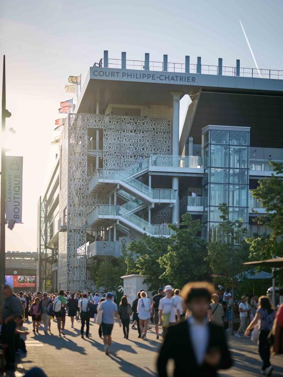 View of the exterior of the Philippe Chatrier court at Roland-Garros