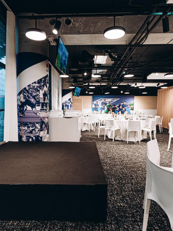 The hospitality area Village Officiel at the Stade de France and the view on its space for the speechs to its collaborators and guests