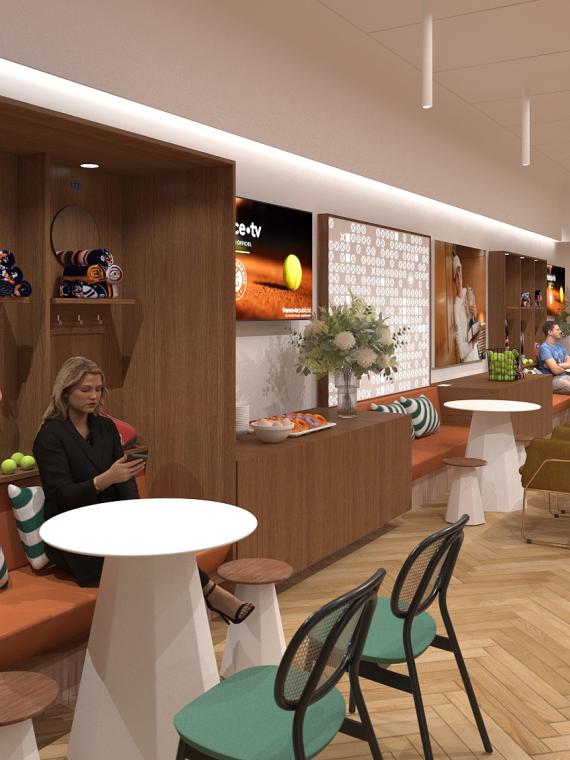 Inside the hospitality lounge of the Brasserie des Mousquetaires at Roland Garros