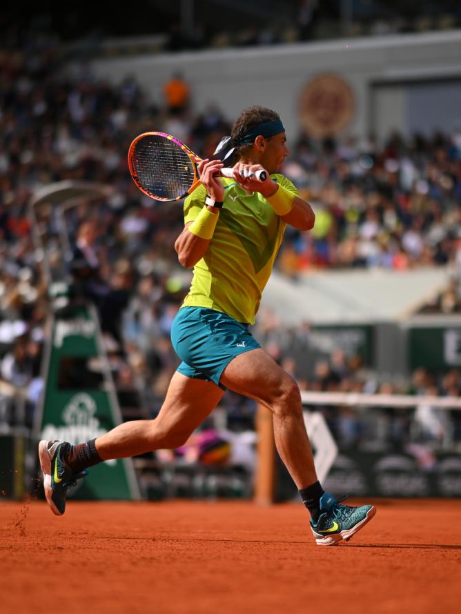 Tennis player Rafael Nadal during a match at Roland-Garros in 2022